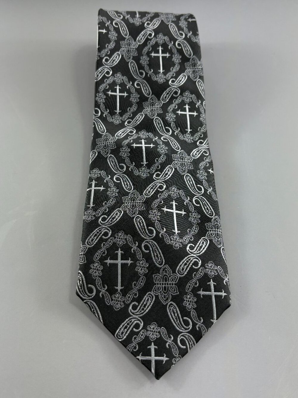 Vintage Daniel Ellissa Black / Grey Christian Cross / Paisley Men's Tie